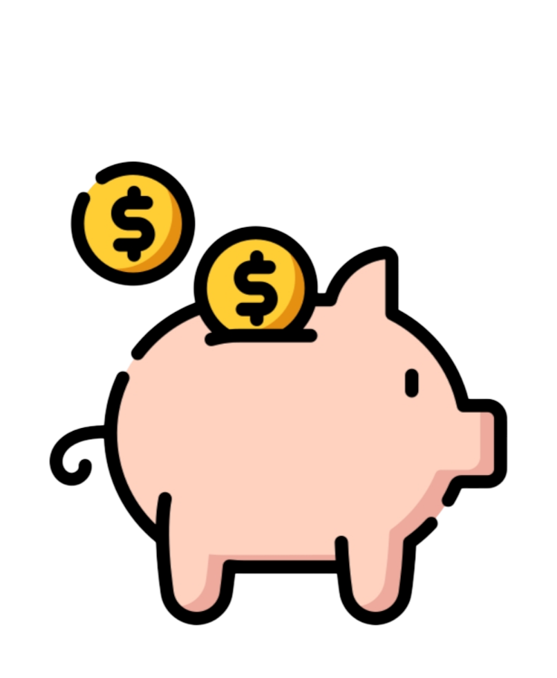 Alcancía en forma de cerdito rosa sonriente con monedas, ilustración estilo caricatura